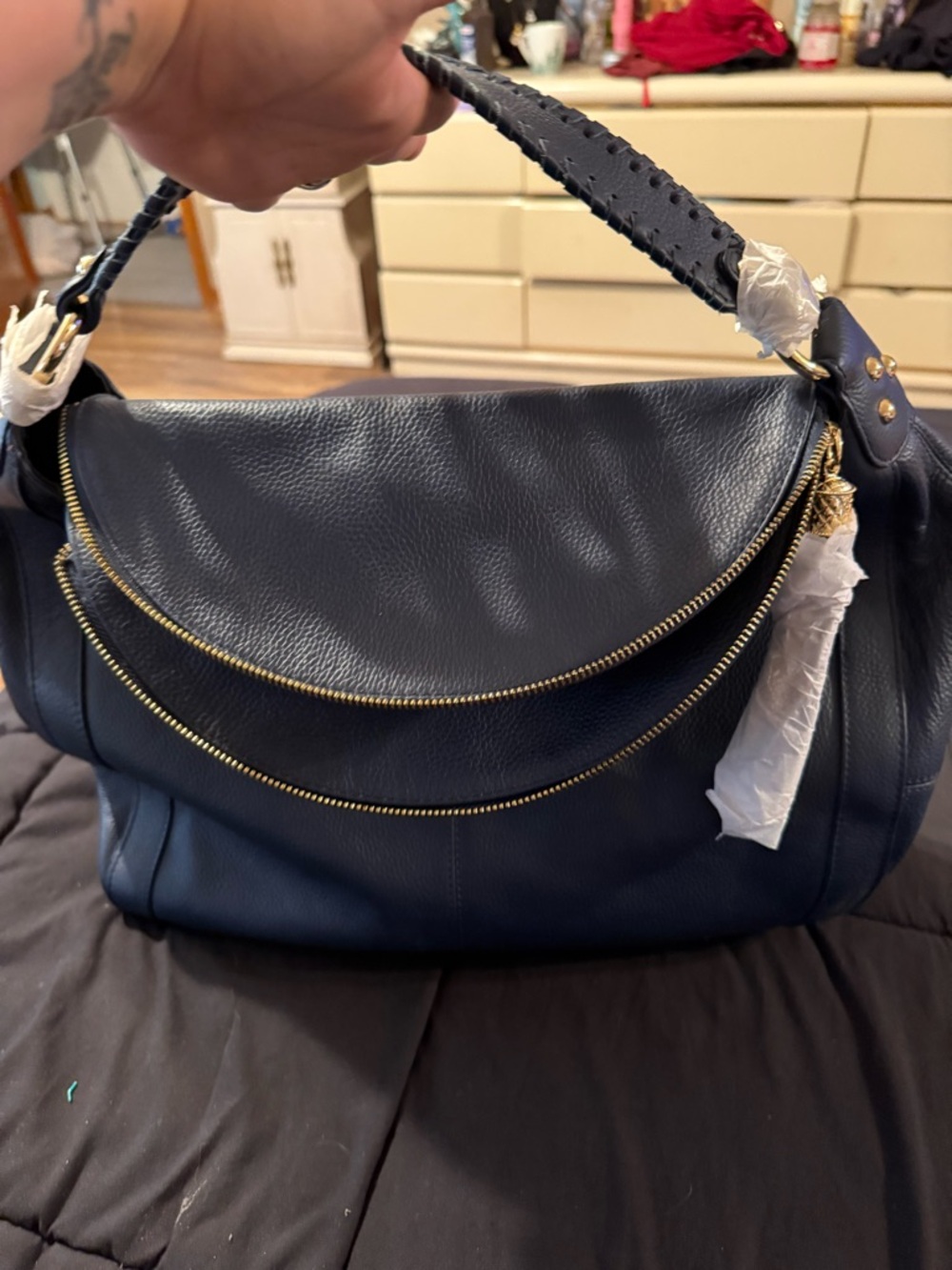 Onna Ehrlich Navy Blue Leather Top-Handle Shoulder Bag with Gold Zippers